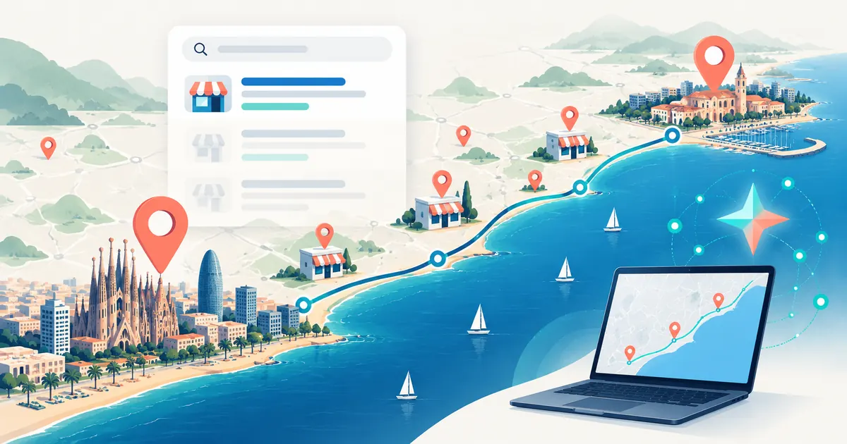 Mapa de SEO local entre Barcelona y Mataró con negocios y resultados de búsqueda